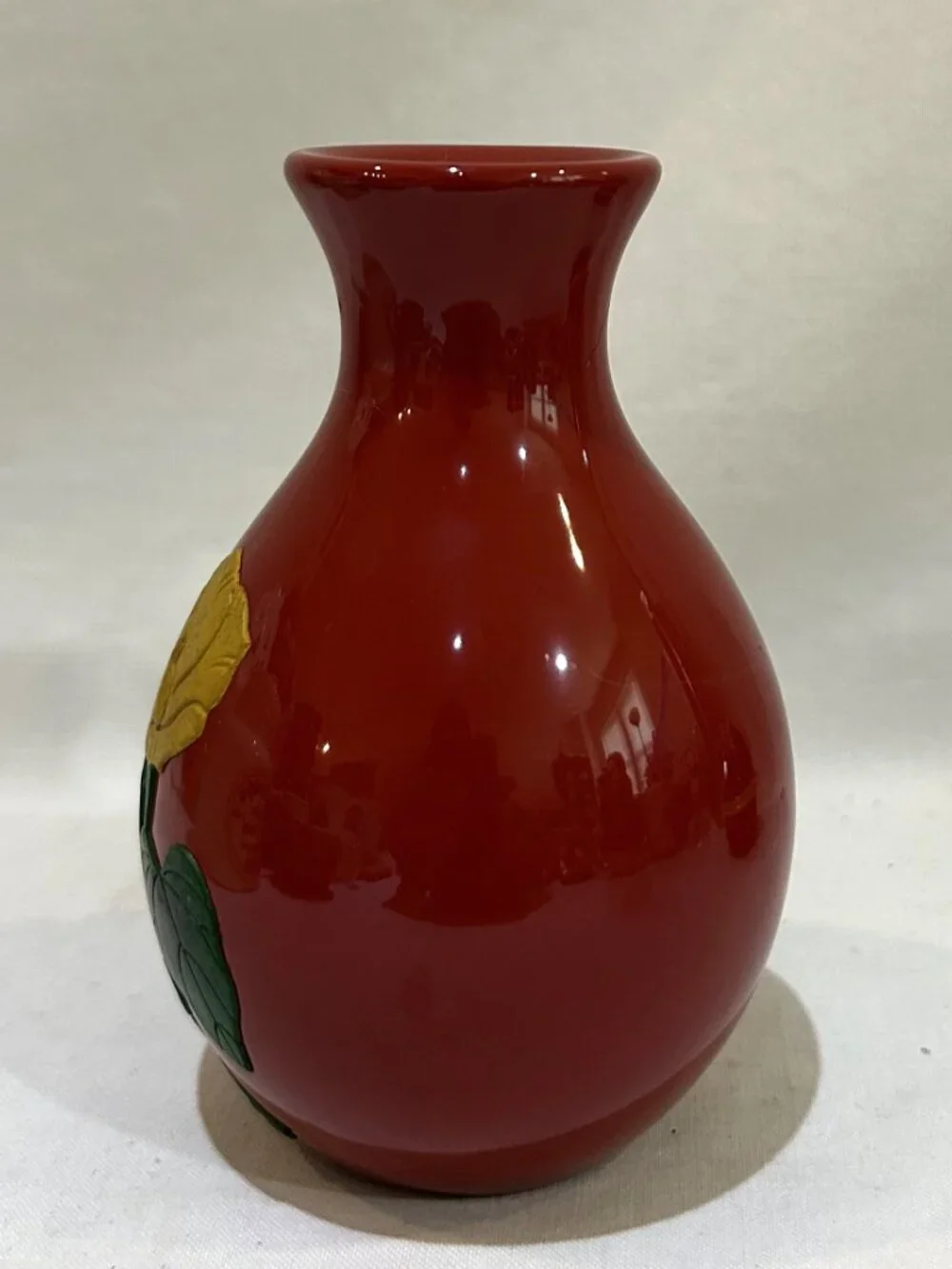Japanese Red Lacquered Bud Vase Floral Pattern with Plastic Insert